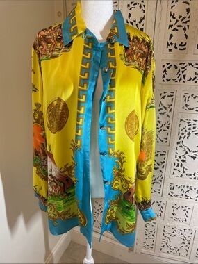 GIANNI  Vibrant Yellow  and Turquoise silk button down shirt with gold medallion
